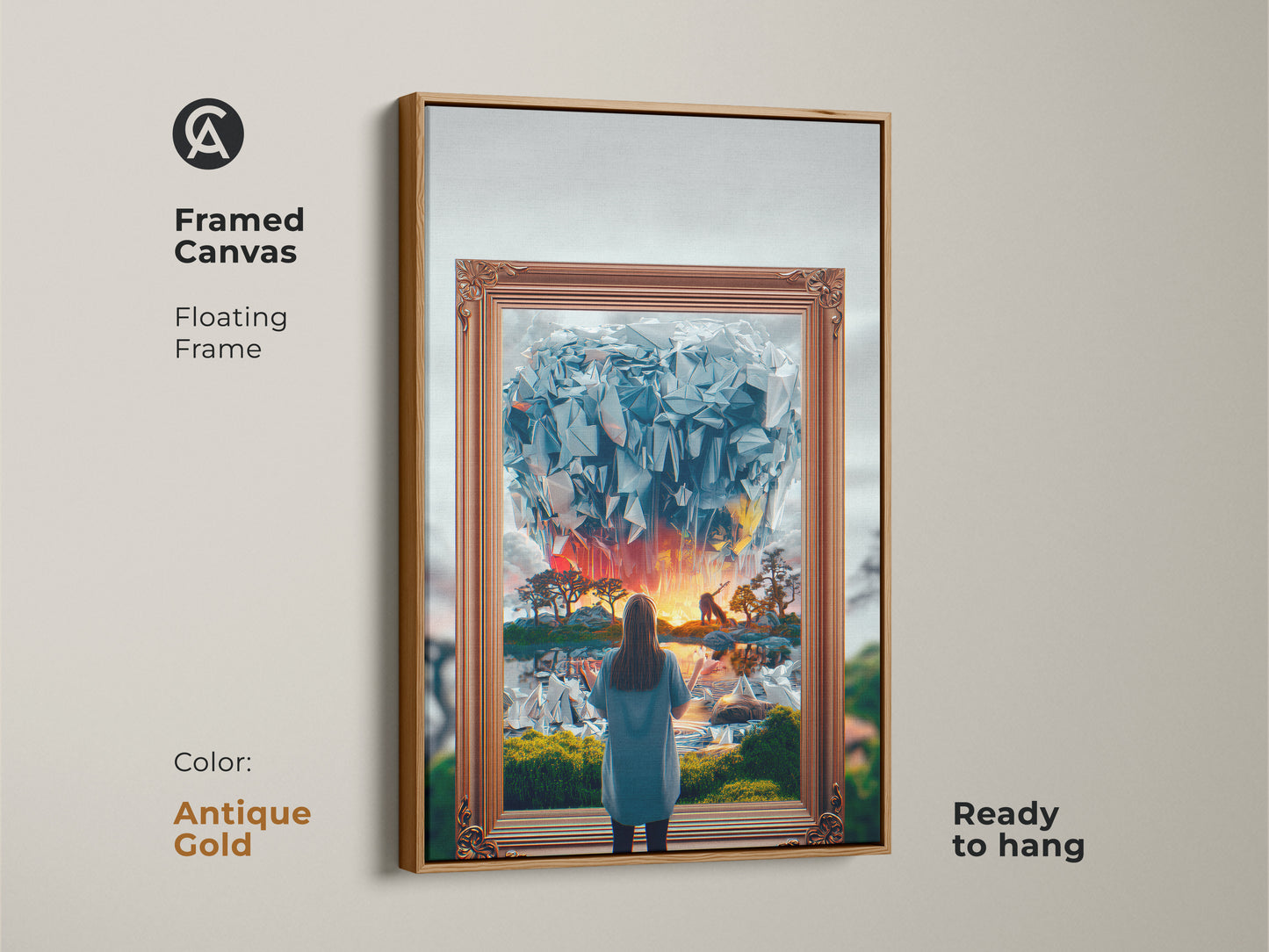 Framed Canvas Fantasy Artwork in Antique Gold. A surreal dreamscape features a woman gazing into an abstract crystal world. Blue orange yellow tones make for unique wall art. An eclectic bedroom decor gift that's ready to hang. Enhance your space today.