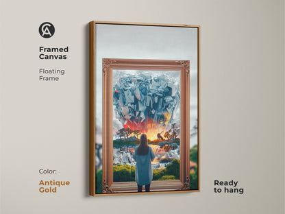 Framed Canvas Fantasy Artwork in Antique Gold. A surreal dreamscape features a woman gazing into an abstract crystal world. Blue orange yellow tones make for unique wall art. An eclectic bedroom decor gift that's ready to hang. Enhance your space today.
