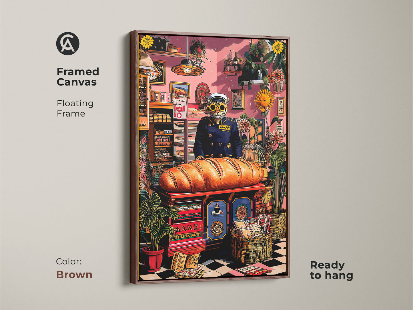 This framed canvas Cat Baker Art Print has a brown floating frame. It is a colorful pet portrait print perfect for artistic food illustration. The bread themed wall art is ready to hang. This is a unique housewarming canvas.