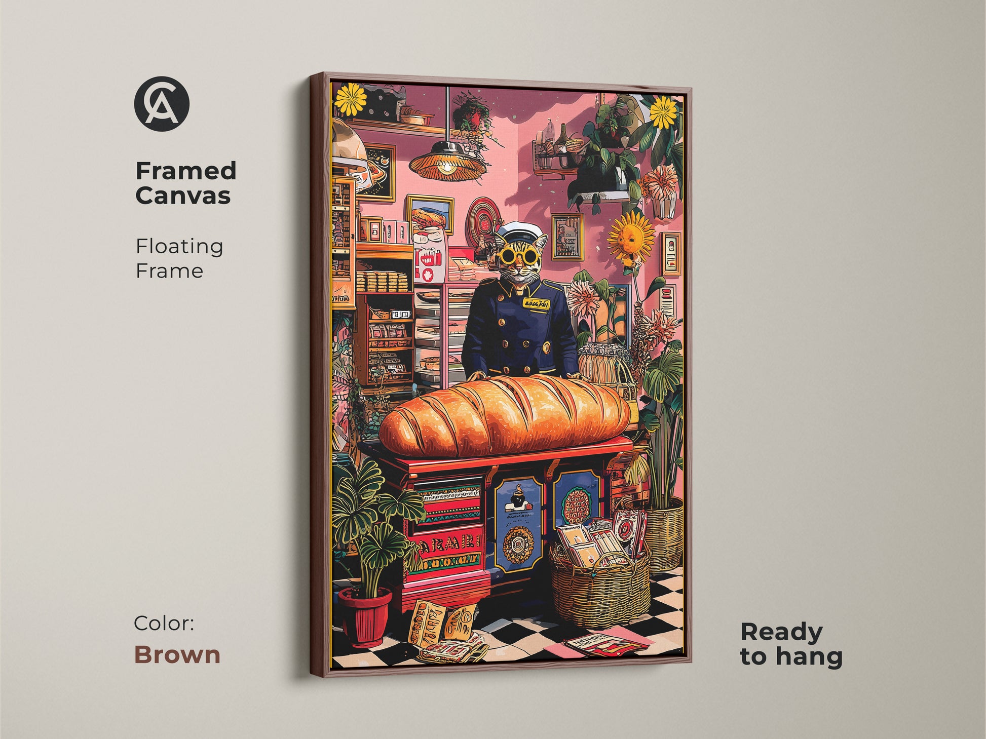 This framed canvas Cat Baker Art Print has a brown floating frame. It is a colorful pet portrait print perfect for artistic food illustration. The bread themed wall art is ready to hang. This is a unique housewarming canvas.