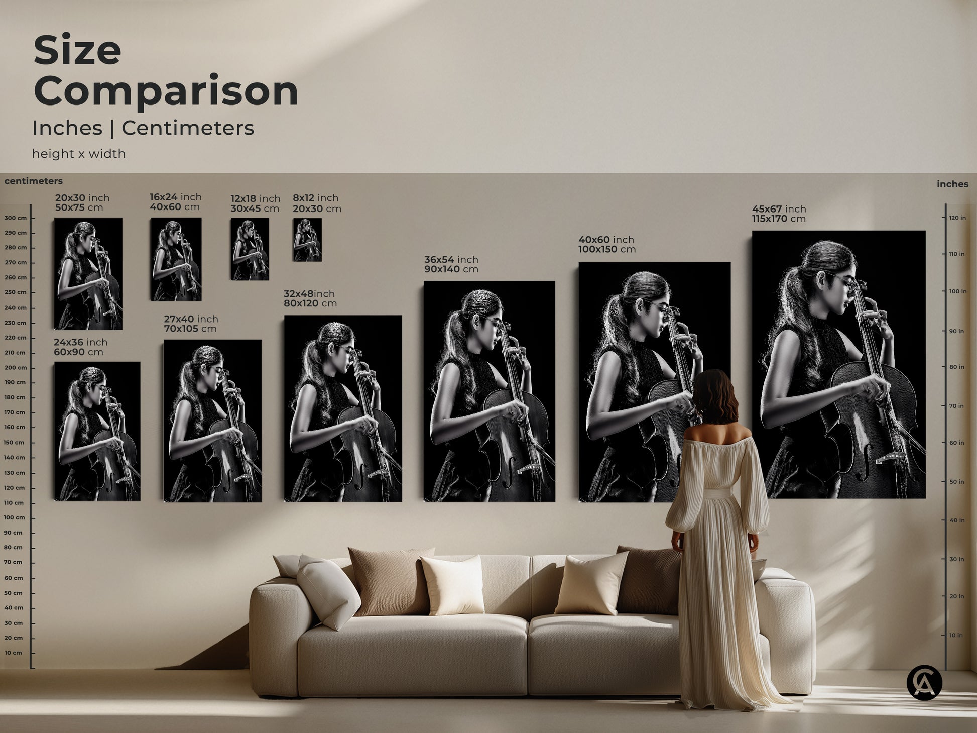 Compare sizes of the cellist art prints in inches and centimeters. Visualize the artwork in various dimensions. From small to large find the ideal scale for this contemporary musician wall decor. See how it complements your living space.
