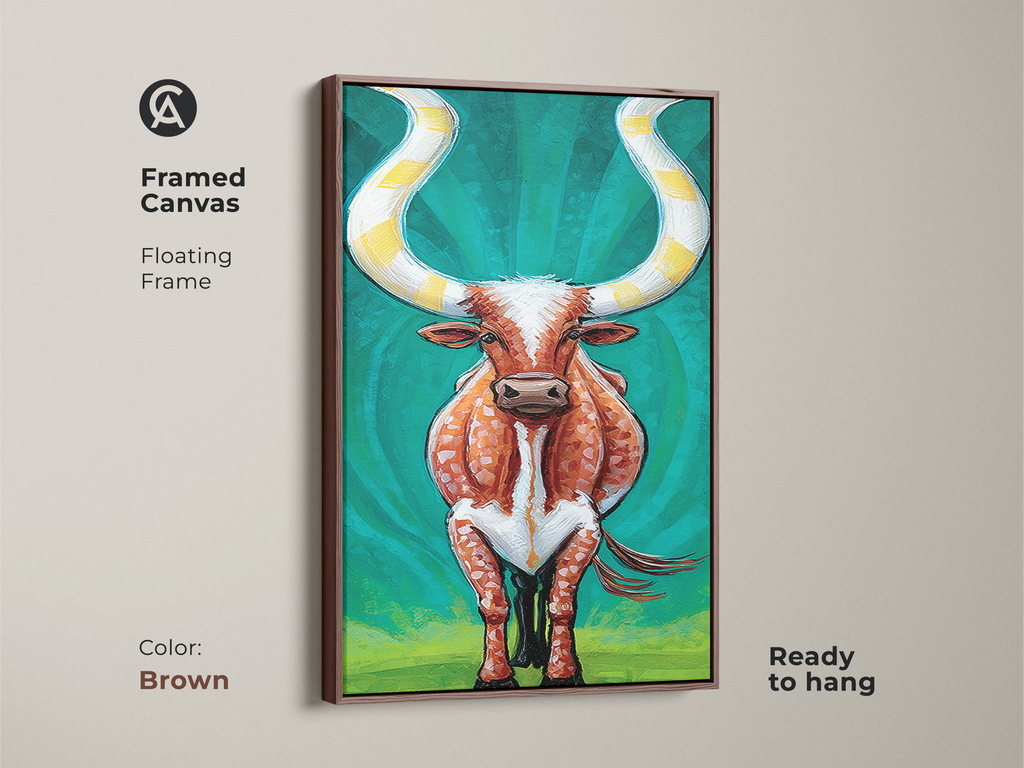 Framed canvas artwork with expressive longhorn cattle. The floating frame is brown. This piece is ready to hang. Its orange and teal hues add a vibrant touch to any space. This Western animal print complements both eclectic and modern ranch home styles with its unique character.