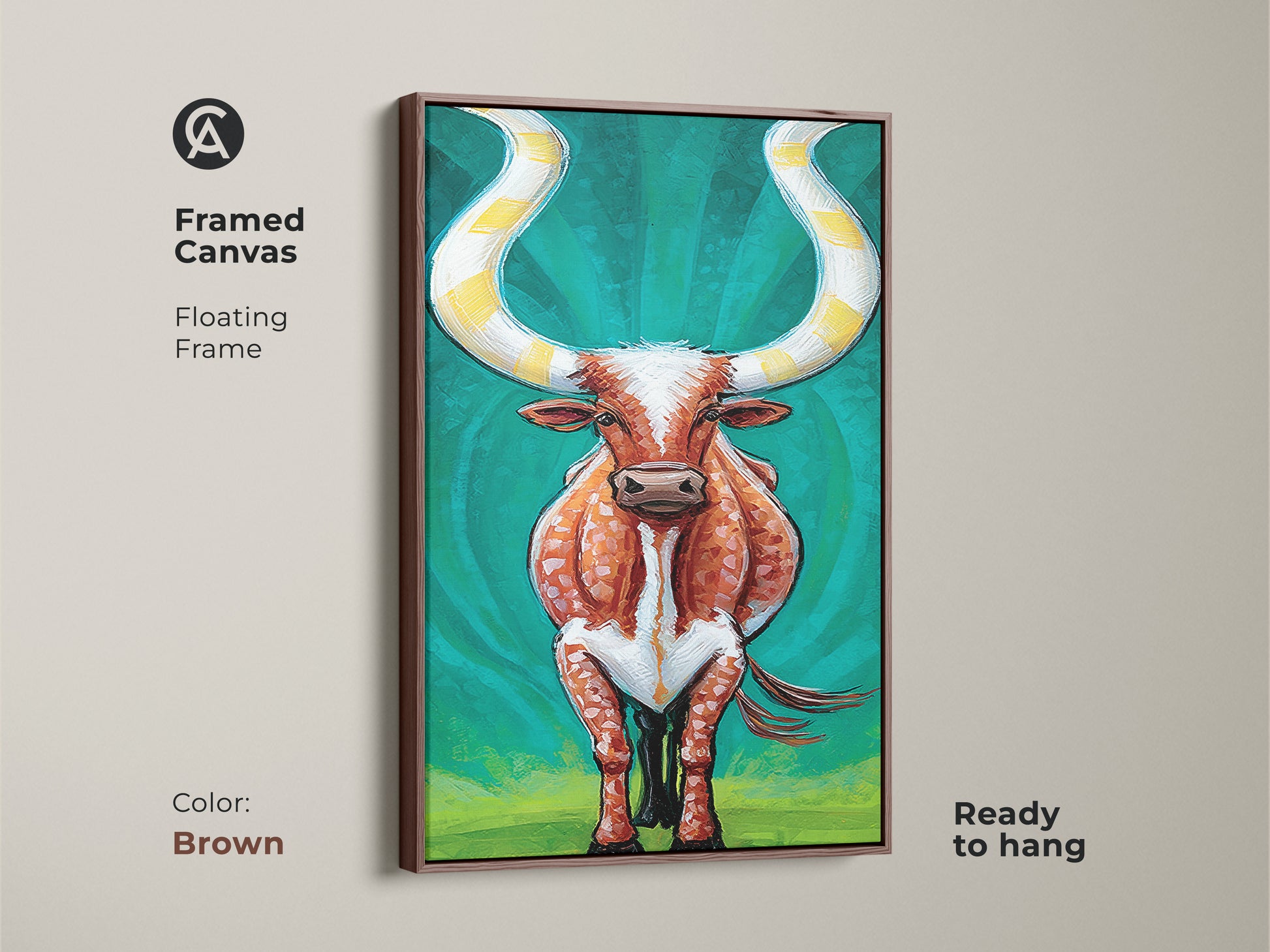 Framed canvas artwork with expressive longhorn cattle. The floating frame is brown. This piece is ready to hang. Its orange and teal hues add a vibrant touch to any space. This Western animal print complements both eclectic and modern ranch home styles with its unique character.