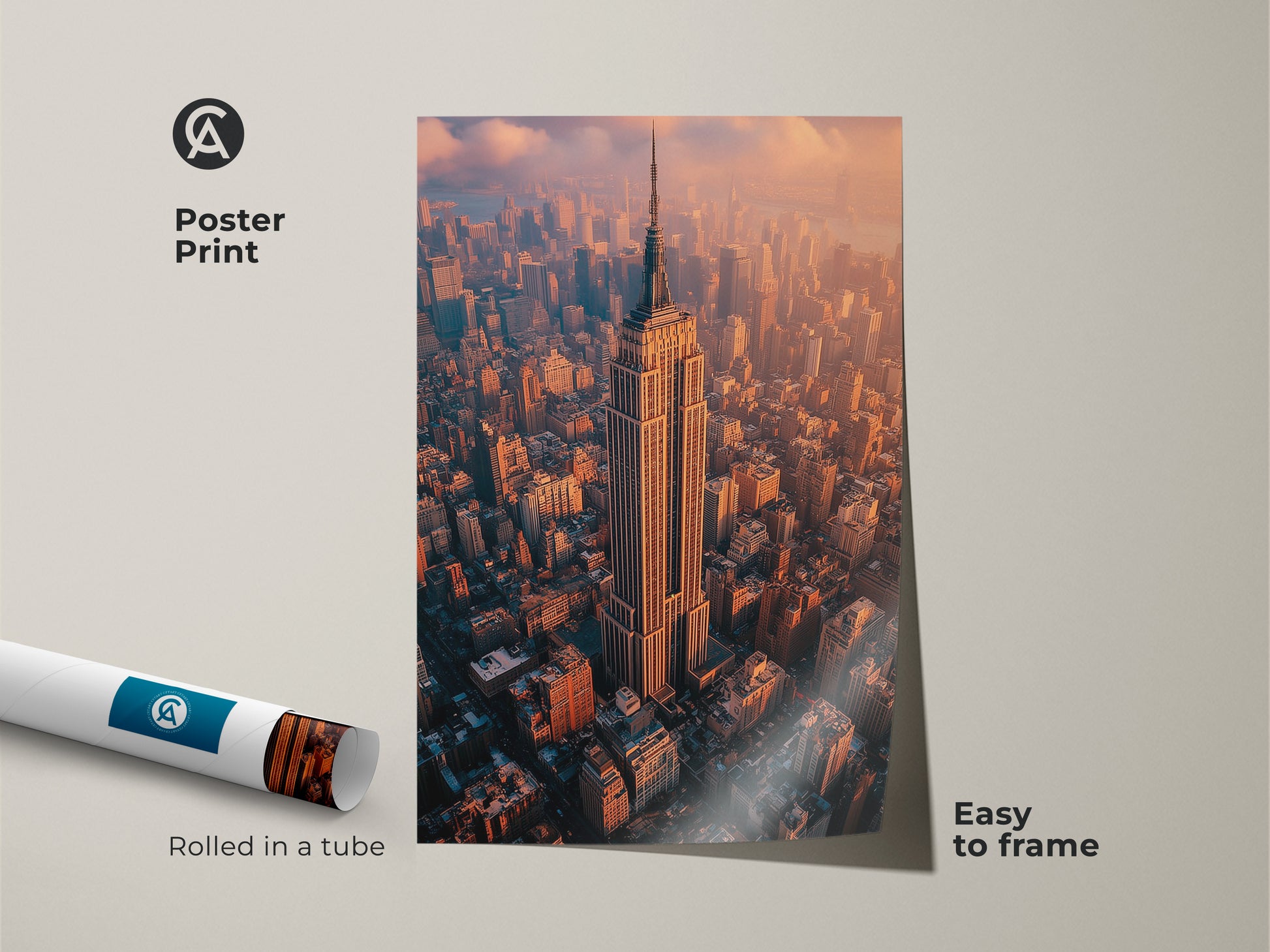 Poster print of the Empire State Building aerial view. This NYC photography artwork is rolled in a tube and easy to frame. Featuring a breathtaking golden hour cityscape. The print adds a contemporary touch to any decor. Ideal as office wall art or a New York themed gift. This urban artwork brings the grandeur of NYC to your space.