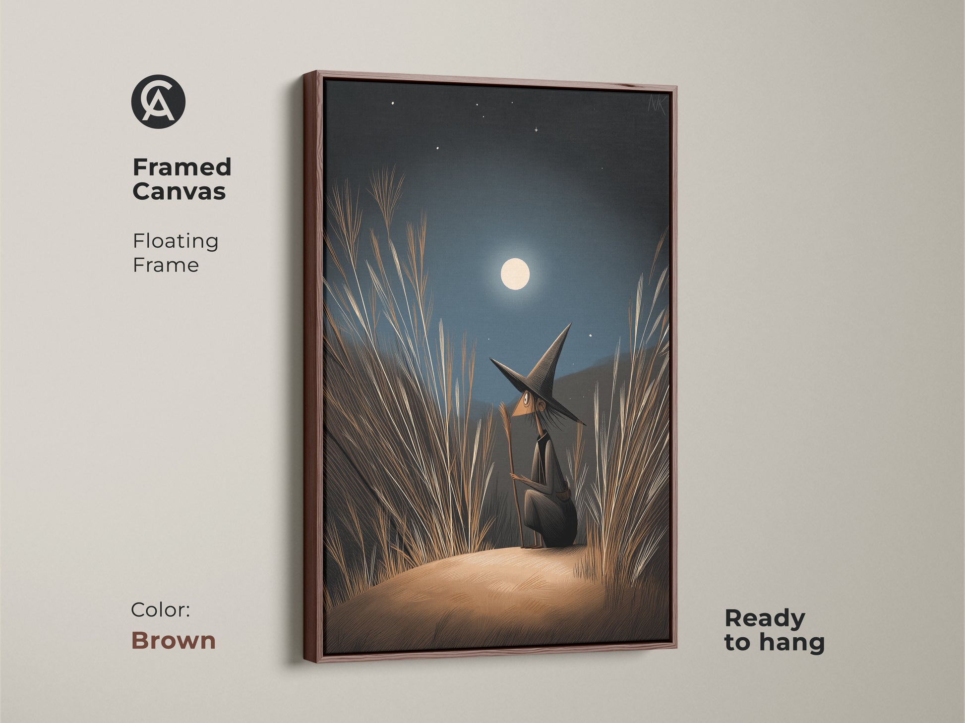 Framed Canvas of fantasy wall art ready to hang. The witch gazes at the moonlight. The Floating Frame is brown. Find Navy Blue Gold Moonlight Canvas art. This boho bedroom decor is a perfect Halloween Occasion Gift.