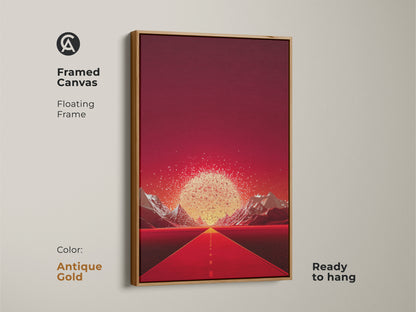 A framed canvas in antique gold features abstract nature wall art. The artwork shows a crimson road leading to golden mountains. This contemporary entryway decor is ready to hang. A striking wall decor piece. It is a unique home decor gift. The piece features vivid color wall art.