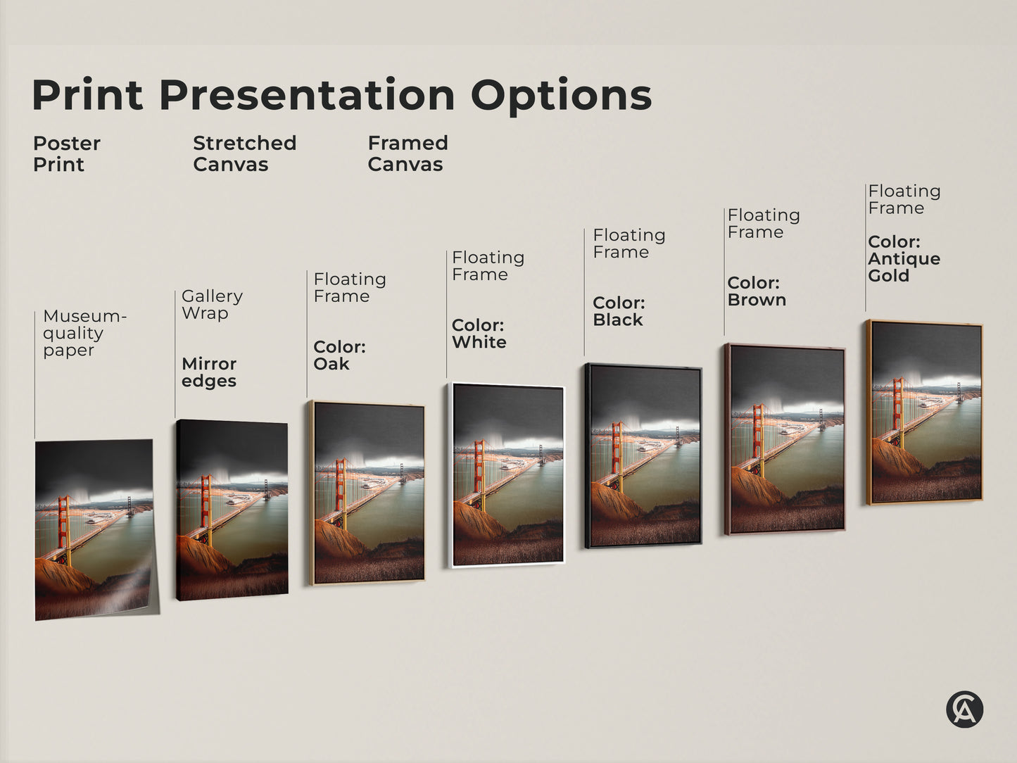 Explore print presentation options for Golden Gate Bridge artwork. Choose from poster prints stretched canvas and framed canvas. Each option displays a photorealistic cityscape in burnt orange and teal.