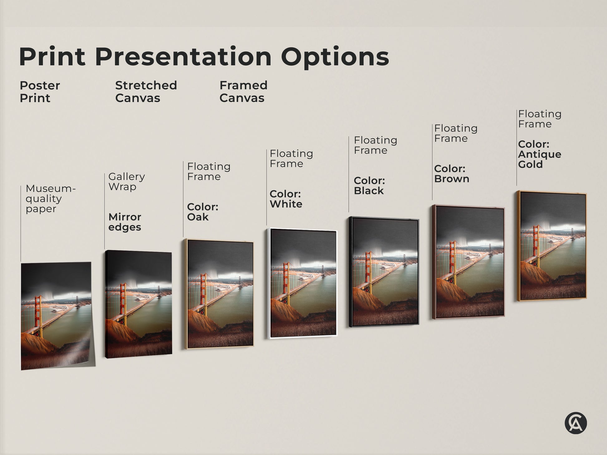 Explore print presentation options for Golden Gate Bridge artwork. Choose from poster prints stretched canvas and framed canvas. Each option displays a photorealistic cityscape in burnt orange and teal.