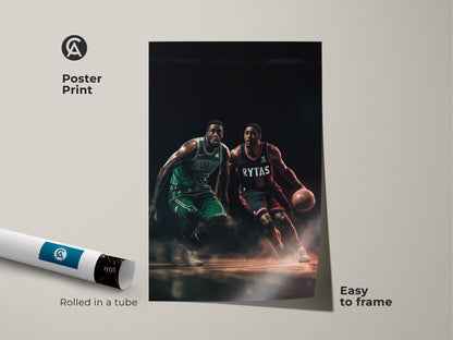 Poster print of two basketball players in a competitive stance. Rolled in a tube for protection. This print is easy to frame. A great choice for sports art collectors and basketball decor.