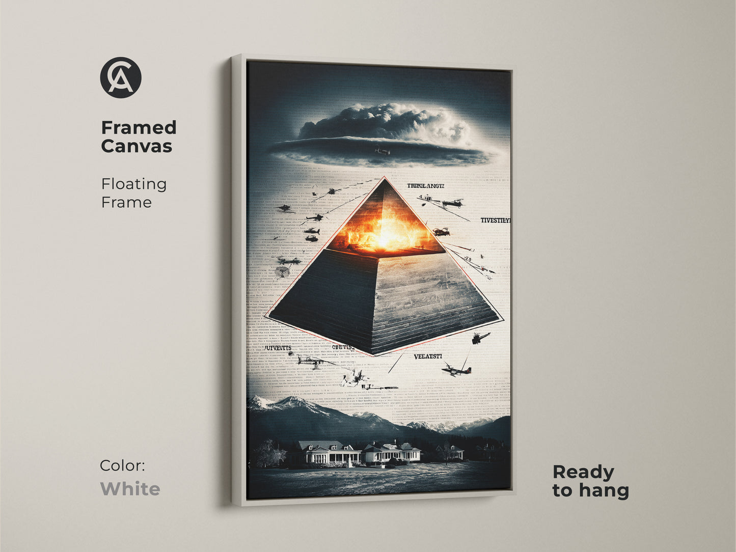 Framed in white this canvas features a surreal pyramid & aircraft. The floating frame enhances the conceptual art style. Its symbolism themes of history & conspiracy add depth to any room. The deep blue orange & gray palette adds a thoughtful touch. Ideal as a unique gift for conspiracy theorists for eclectic homes.
