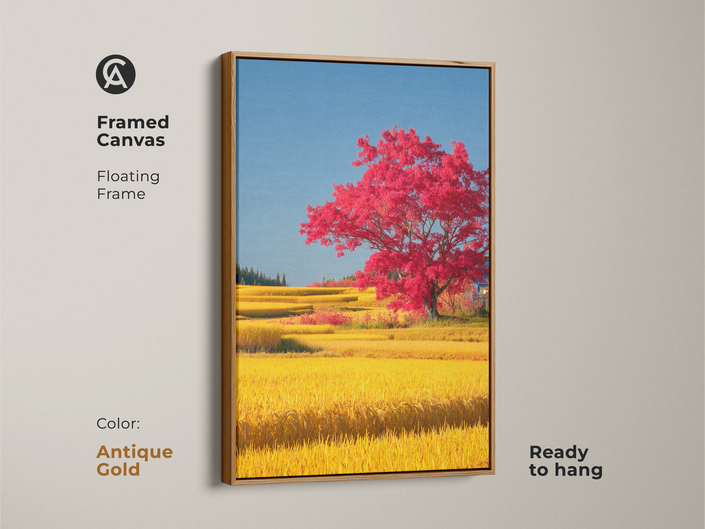 Framed canvas presenting a red tree in a yellow rice field with an antique gold floating frame. This unique nature inspired decor is ready to hang. It offers an elegant touch to any room. The scenic landscape canvas art makes a great gift for those who love eclectic countryside artwork.
