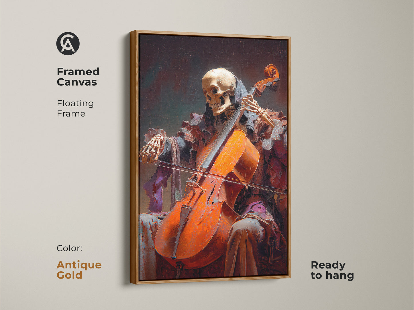 Framed canvas featuring skeleton art with a floating frame. The color is antique gold. Gothic cello wall decor is ready to hang. Displaying burnt orange hues.