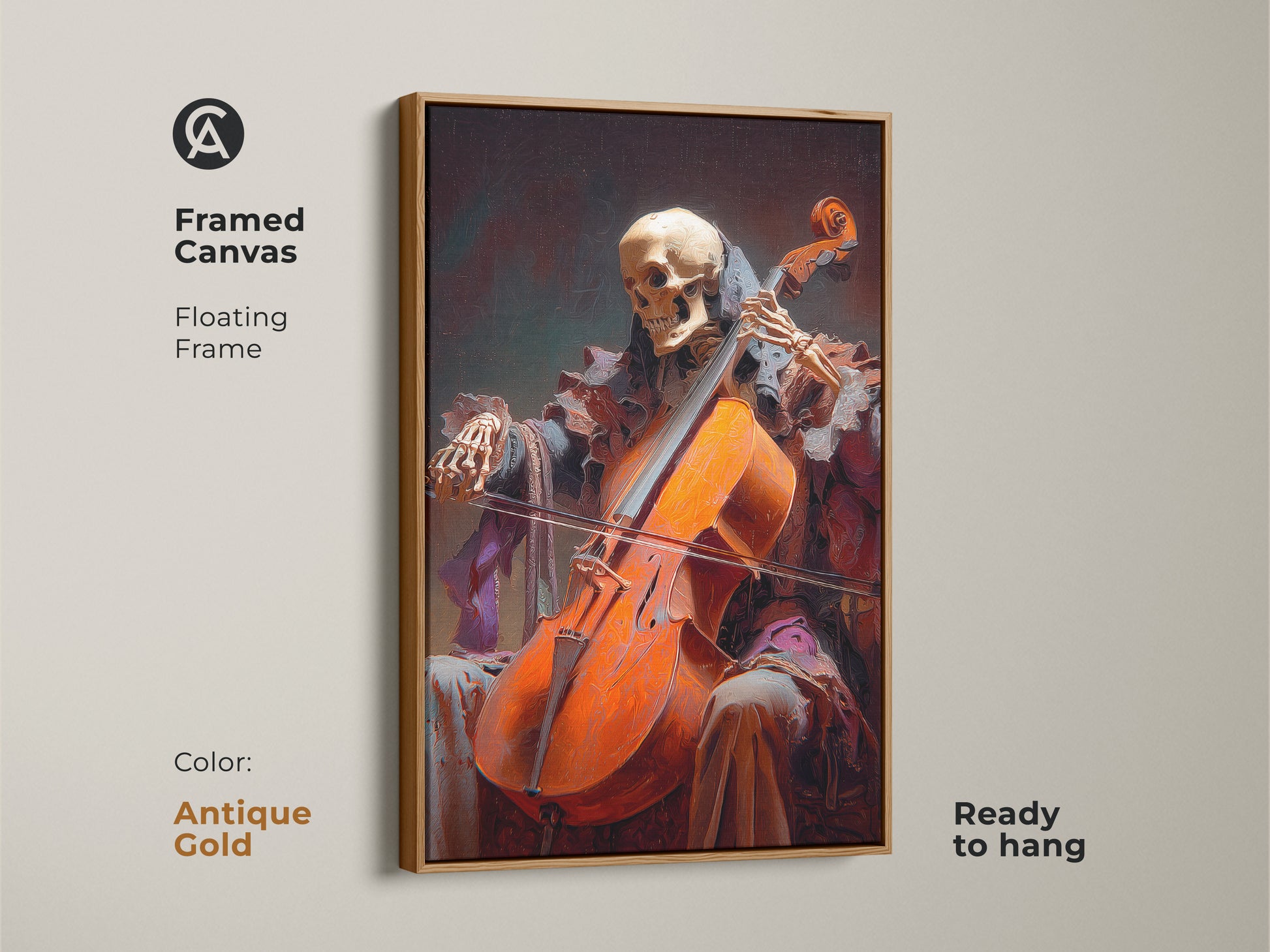 Framed canvas featuring skeleton art with a floating frame. The color is antique gold. Gothic cello wall decor is ready to hang. Displaying burnt orange hues.