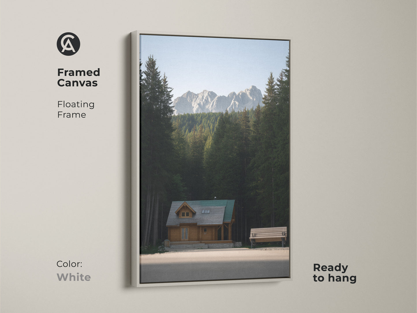 Framed Canvas art of a log cabin. This mountain forest canvas print features a floating frame in white. It is ready to hang. The rustic home decor art brings an outdoor adventure to your wall.