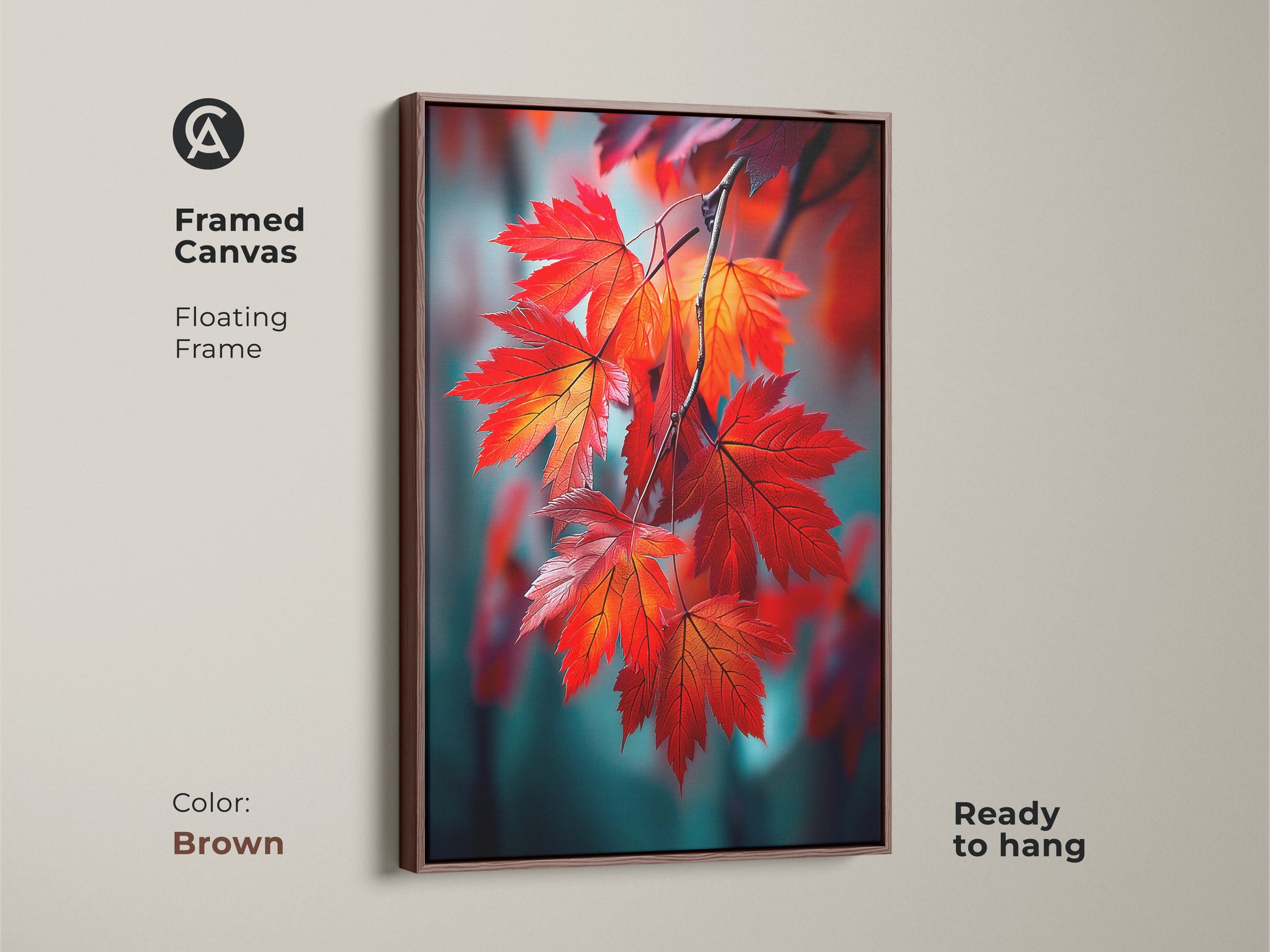 Framed canvas art featuring red maple leaves with a floating frame. The frame is brown adding a warm touch. The artwork is ready to hang making decorating easy. Perfect for adding a pop of color. It is a great choice.