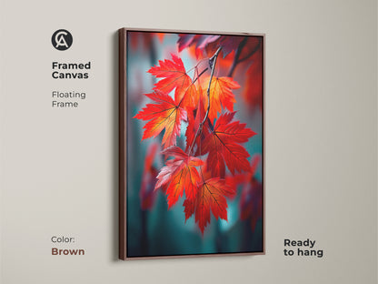 Framed canvas art featuring red maple leaves with a floating frame. The frame is brown adding a warm touch. The artwork is ready to hang making decorating easy. Perfect for adding a pop of color. It is a great choice.