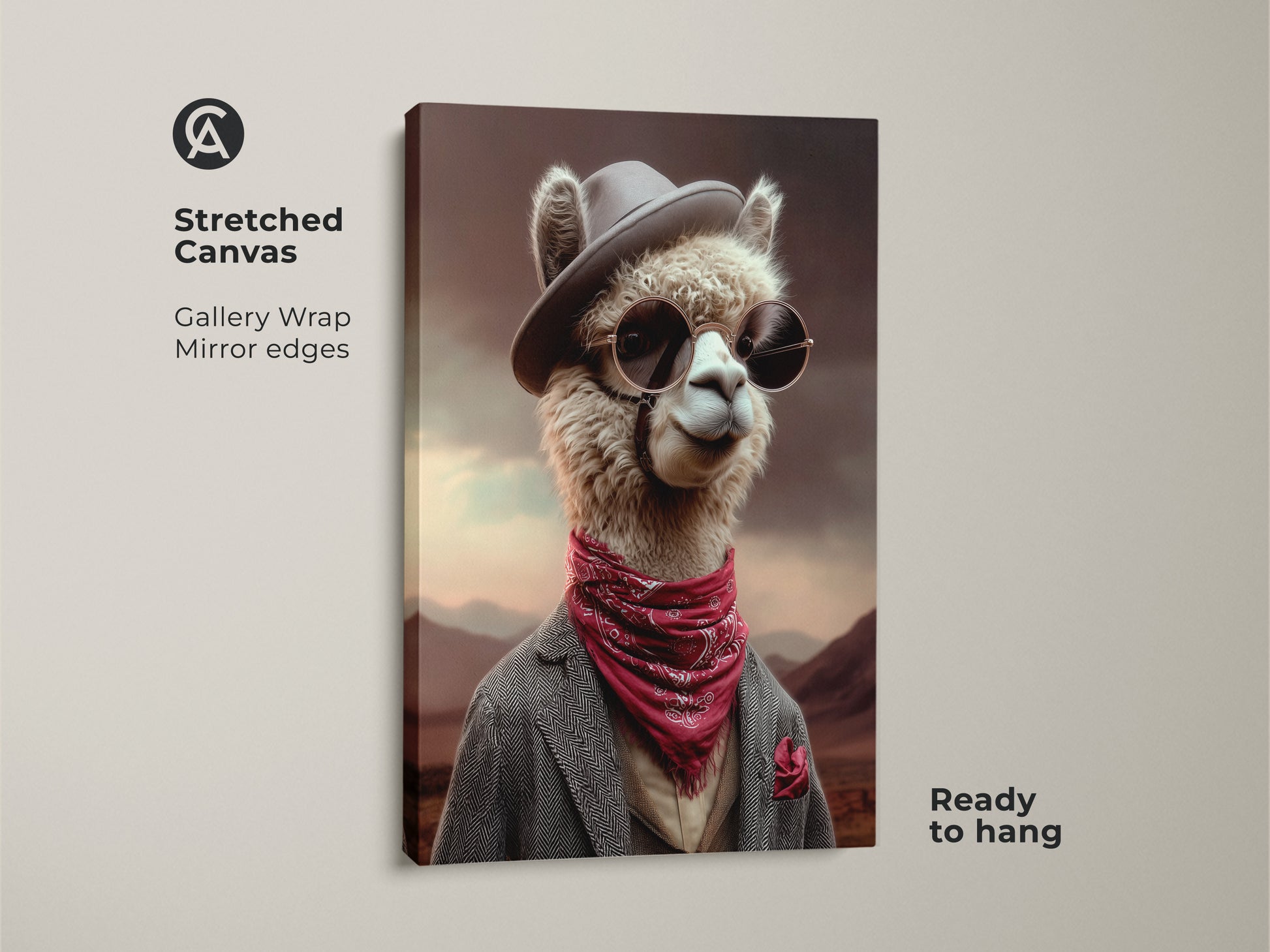 Stretched canvas art of a Dapper Alpaca with gallery wrap and mirror edges. The Alpaca has cowboy hat sunglasses and a red bandana. This ready to hang artwork makes a quirky office or home decor piece. It is the perfect gift for animal lovers.