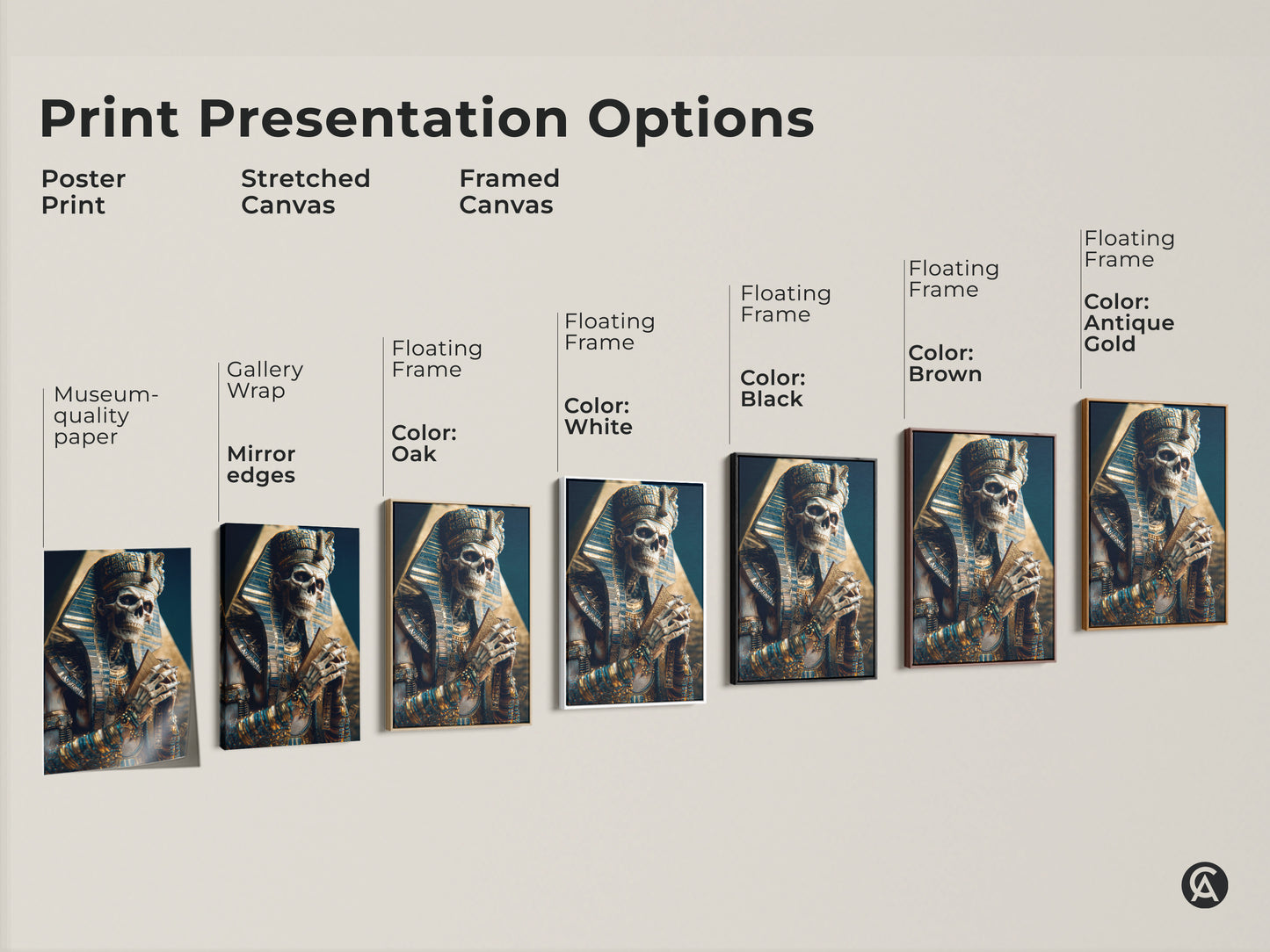 Explore print presentation options for the Gothic Pharaoh Skeleton Artwork. Available as a poster print a stretched canvas or framed canvas in colors like black brown antique gold and white.