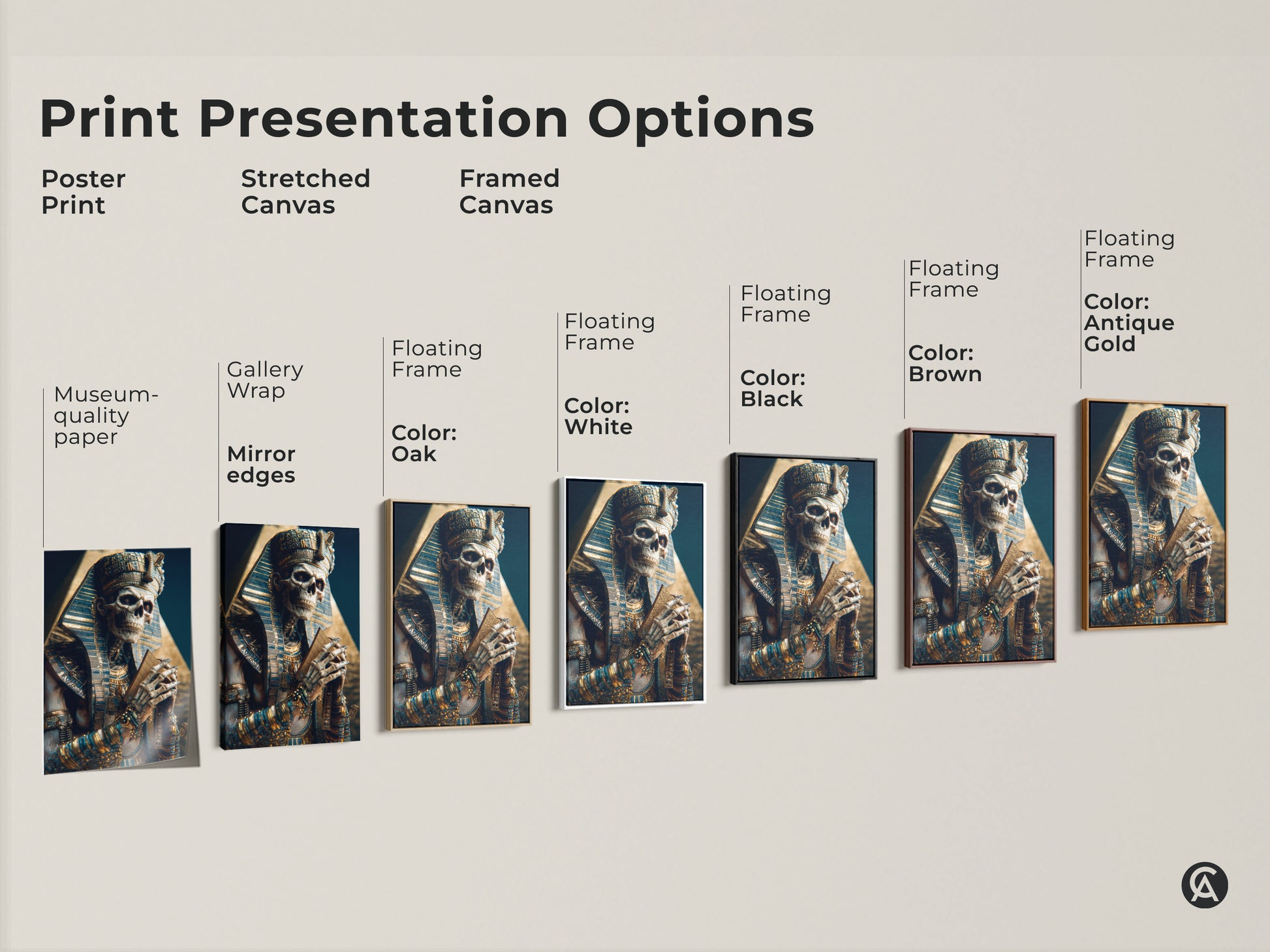 Explore print presentation options for the Gothic Pharaoh Skeleton Artwork. Available as a poster print a stretched canvas or framed canvas in colors like black brown antique gold and white.