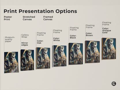 Explore print presentation options for the Gothic Pharaoh Skeleton Artwork. Available as a poster print a stretched canvas or framed canvas in colors like black brown antique gold and white.