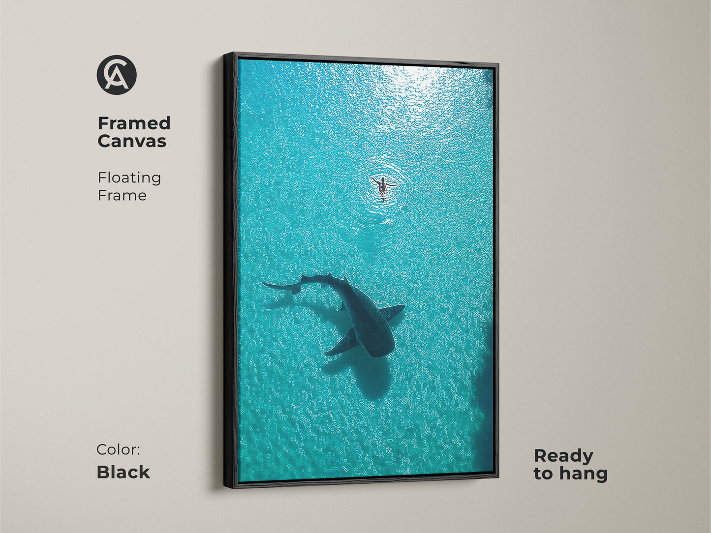 Framed Canvas with a black floating frame featuring an aerial view of a whale shark and swimmer. This turquoise deep blue ocean art is ready to hang. Add coastal charm to your space with this unique wildlife artwork. A perfect housewarming gift.