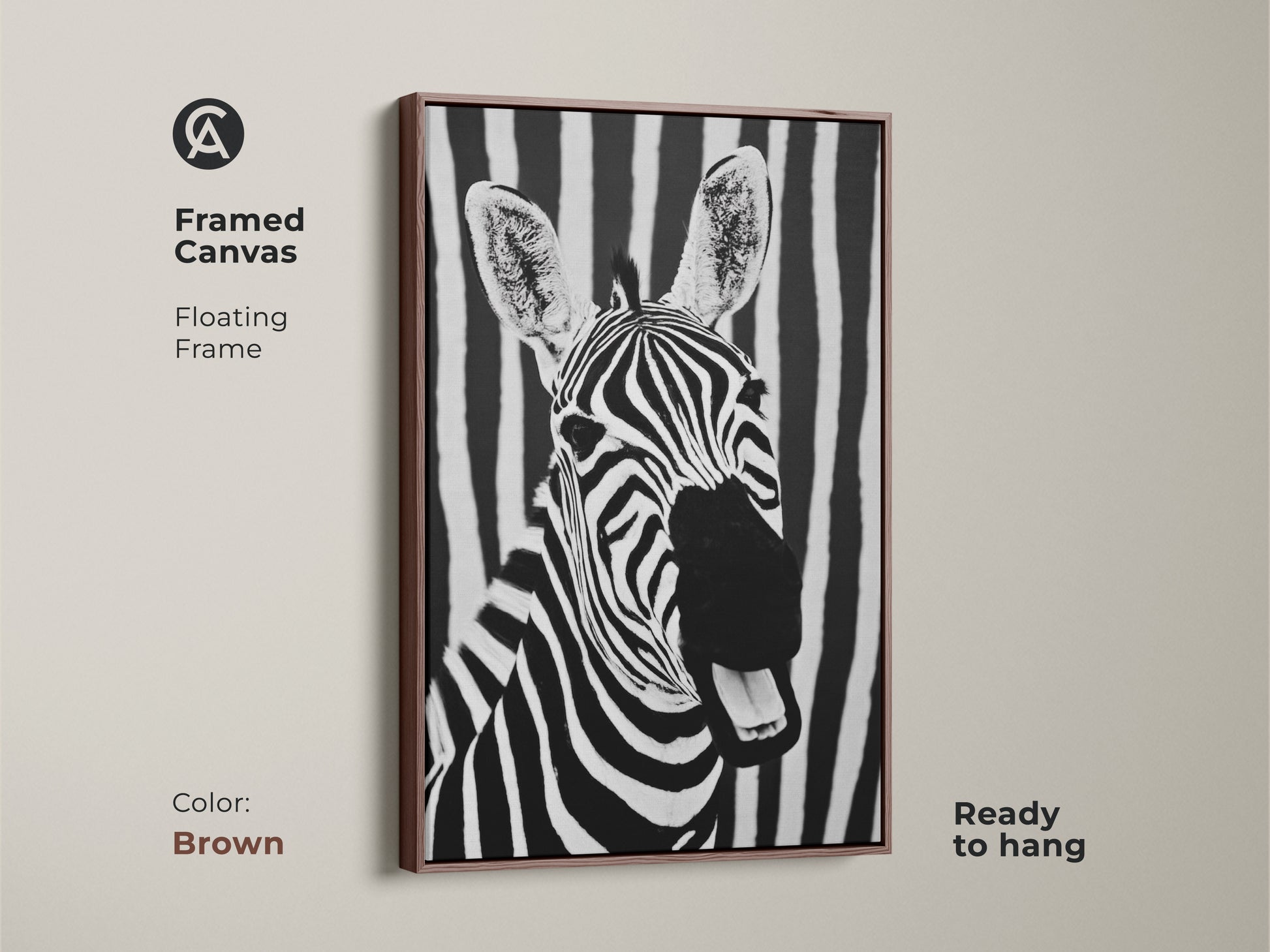 Brown framed canvas featuring zebra art. Ready to hang this floating frame enhances the black and white zebra portrait. A modern animal print with bold stripes it brings minimalist wildlife decor to your bedroom or office. A sophisticated touch.