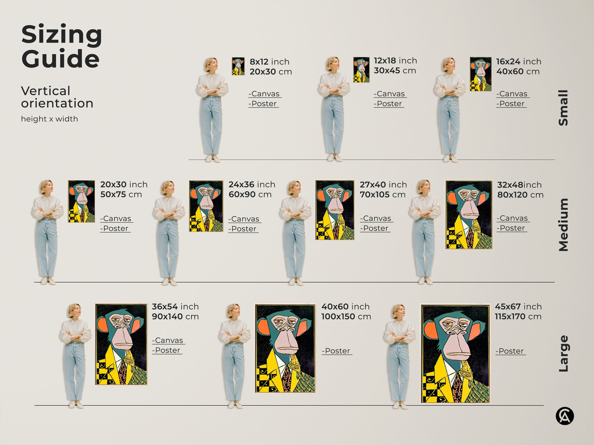 Find the perfect size for your space with our vertical orientation sizing guide. We offer a variety of sizes for canvas and poster prints. Each features the stylish ape in a suit artwork. Transform your home today