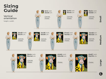 Find the perfect size for your space with our vertical orientation sizing guide. We offer a variety of sizes for canvas and poster prints. Each features the stylish ape in a suit artwork. Transform your home today