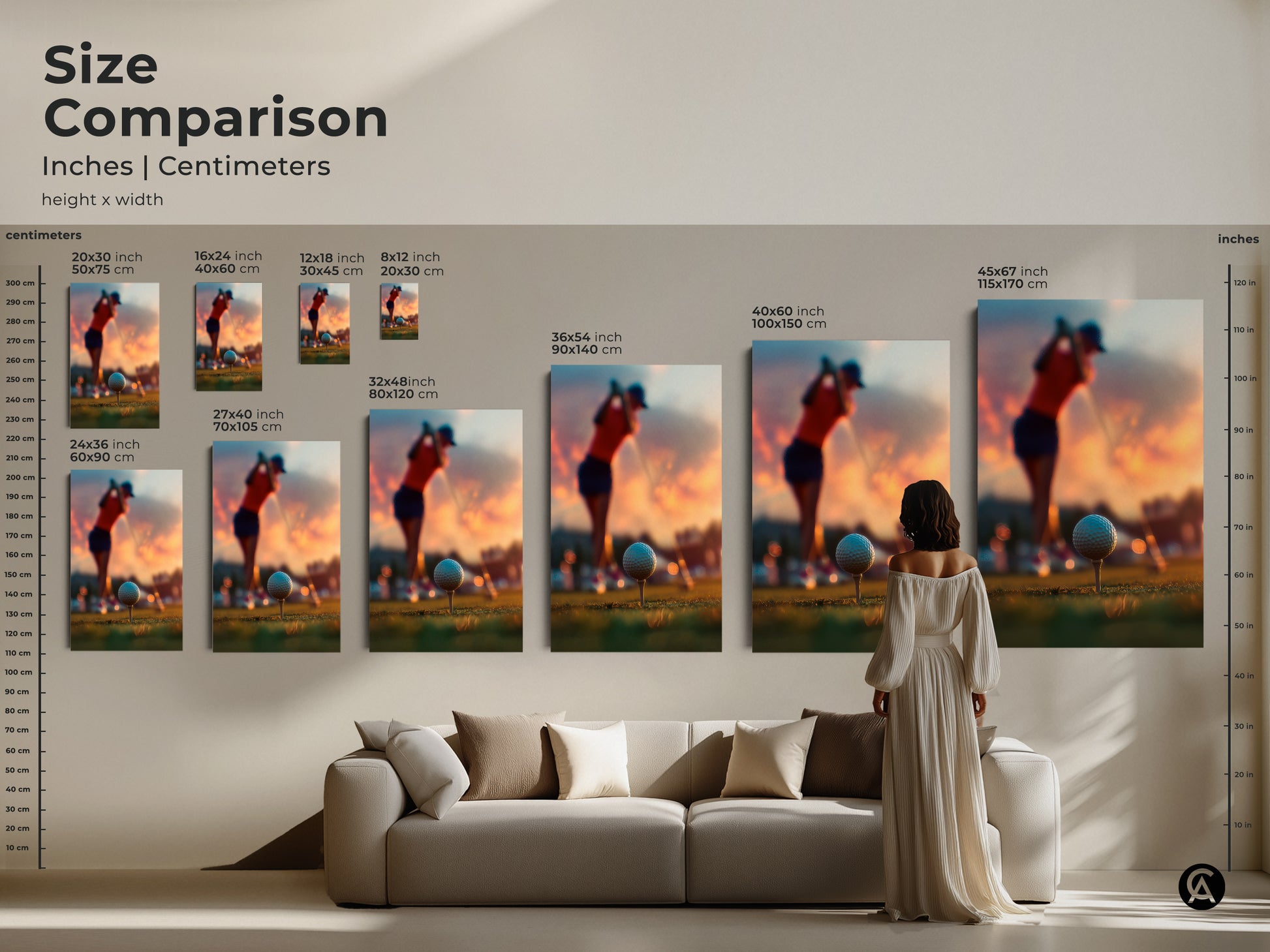 Size comparison of golf art prints. See the art in different sizes on a wall. Inches and centimeters measurements provided. Visualize the art in your living room. Art is available in various sizes. Find the perfect golf art for your home decor today.
