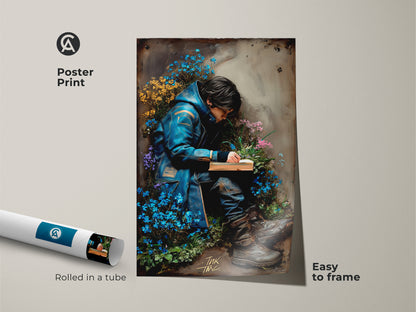 Poster print of surrealism figurative art. It features a young man reading surrounded by forget-me-nots. This dark academia decor is easy to frame. This piece brings an intellectual and eclectic touch. Great for adding fine art prints to any space. A perfect gift for a student or bookworm.