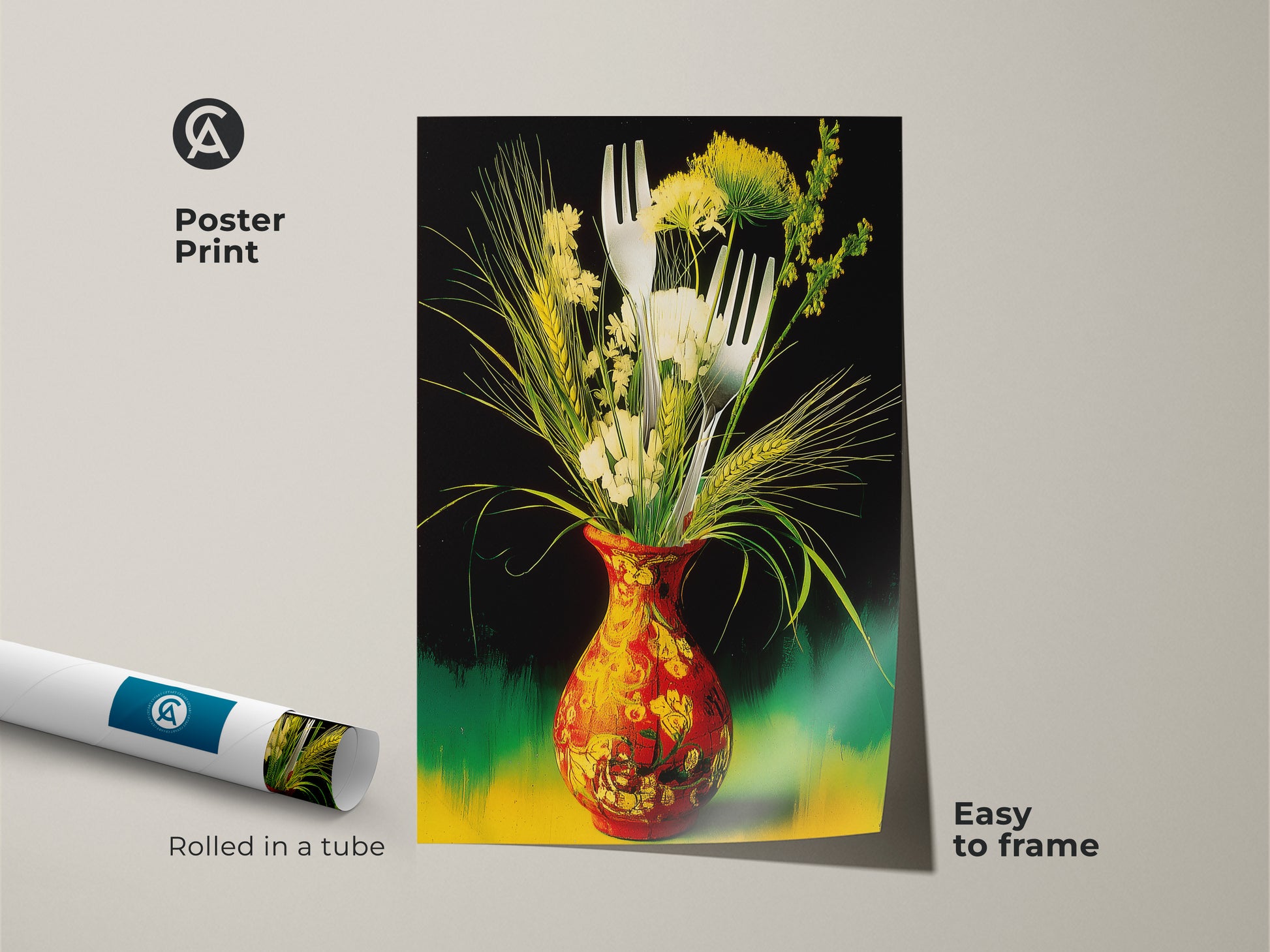 A poster print displays botanical kitchen art. The rolled poster is easy to frame. The artwork features a red and yellow vase with forks. It is a vibrant still life print for home cook gift ideas and food lovers.