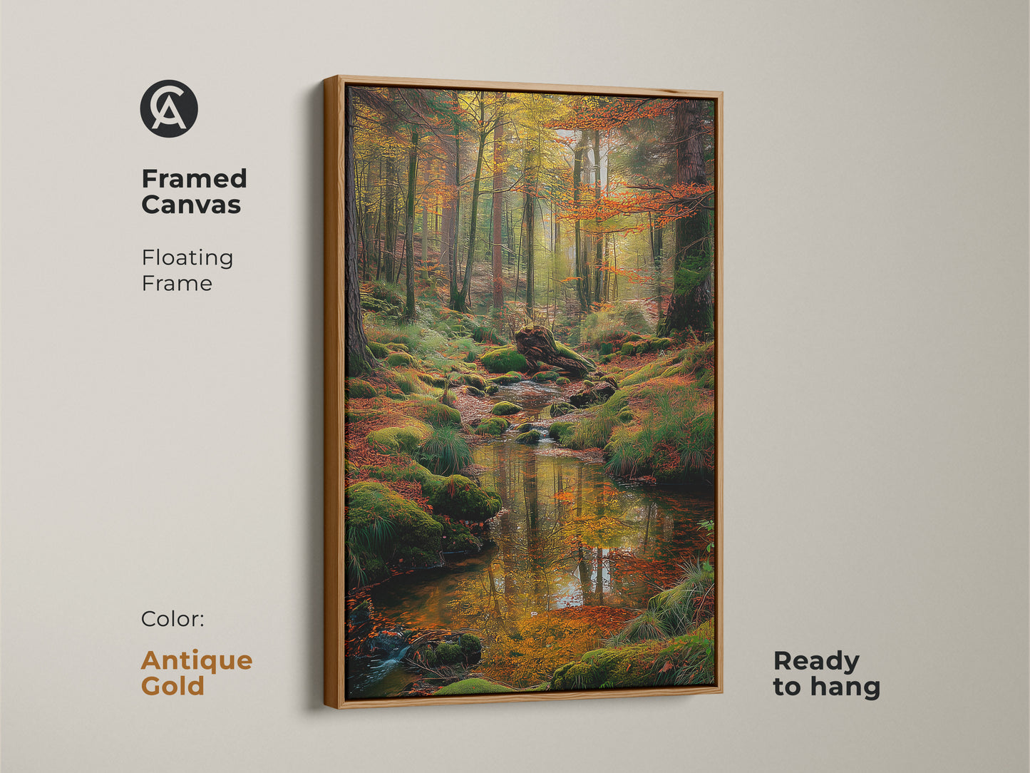 Antique gold framed canvas artwork of a forest stream. The floating frame adds a touch of vintage charm. Ready to hang and easy to display. Ideal for creating a sophisticated and calming atmosphere with this framed art.