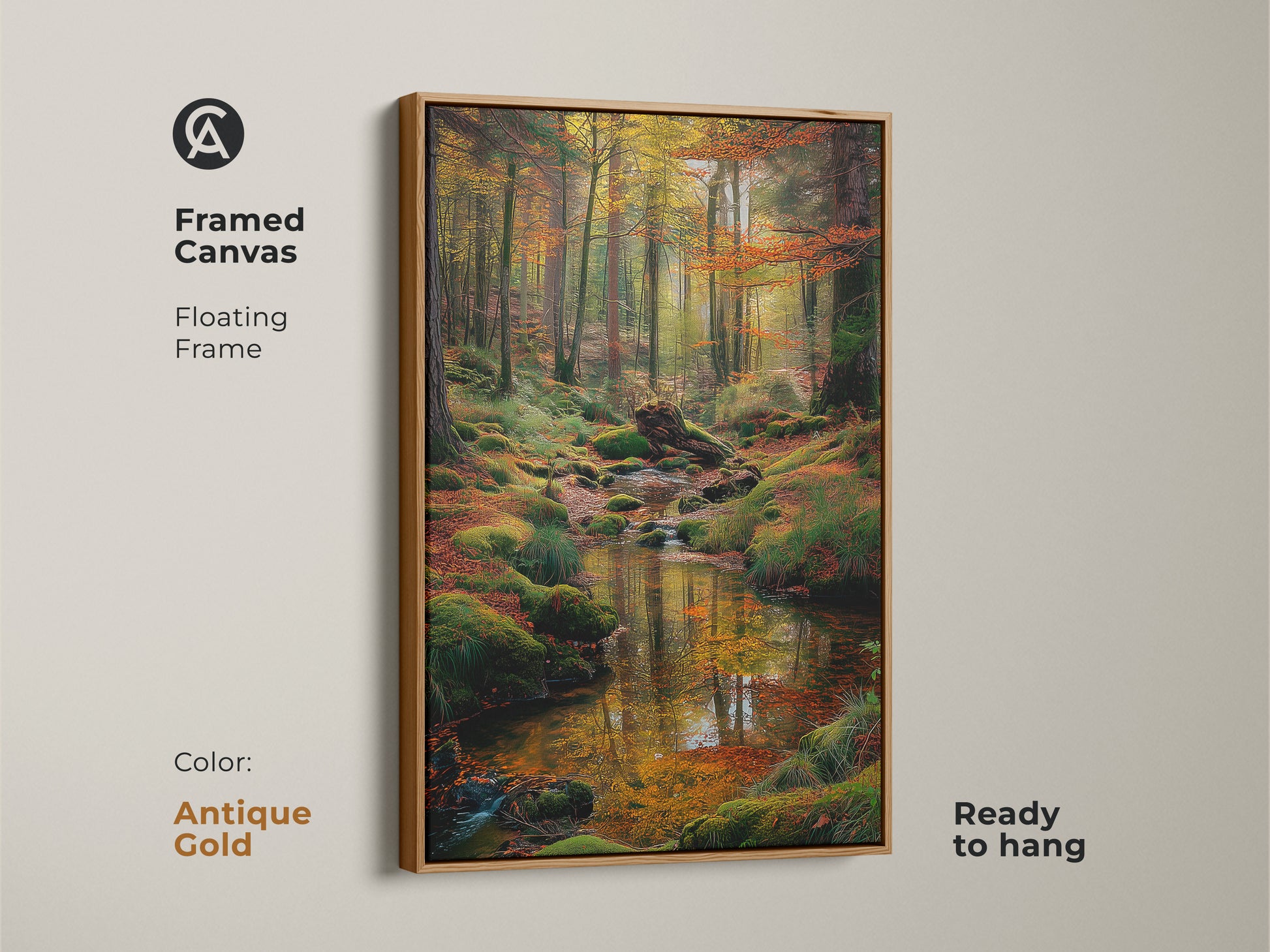 Antique gold framed canvas artwork of a forest stream. The floating frame adds a touch of vintage charm. Ready to hang and easy to display. Ideal for creating a sophisticated and calming atmosphere with this framed art.