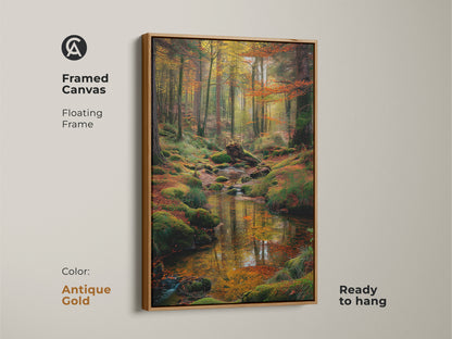 Antique gold framed canvas artwork of a forest stream. The floating frame adds a touch of vintage charm. Ready to hang and easy to display. Ideal for creating a sophisticated and calming atmosphere with this framed art.