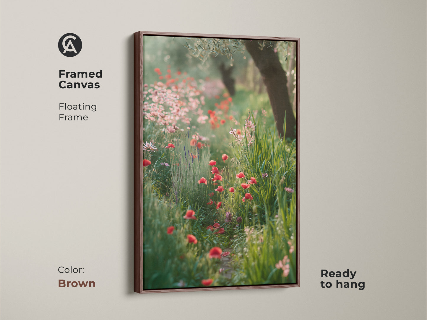 Framed canvas in brown showcases a wildflower garden. Floating frame complements the red poppy art print. This boho botanical wall art adds charm to any room. Impressionistic floral art is perfect for nature lovers. A great housewarming gift idea. Summer field canvas with green and red art.