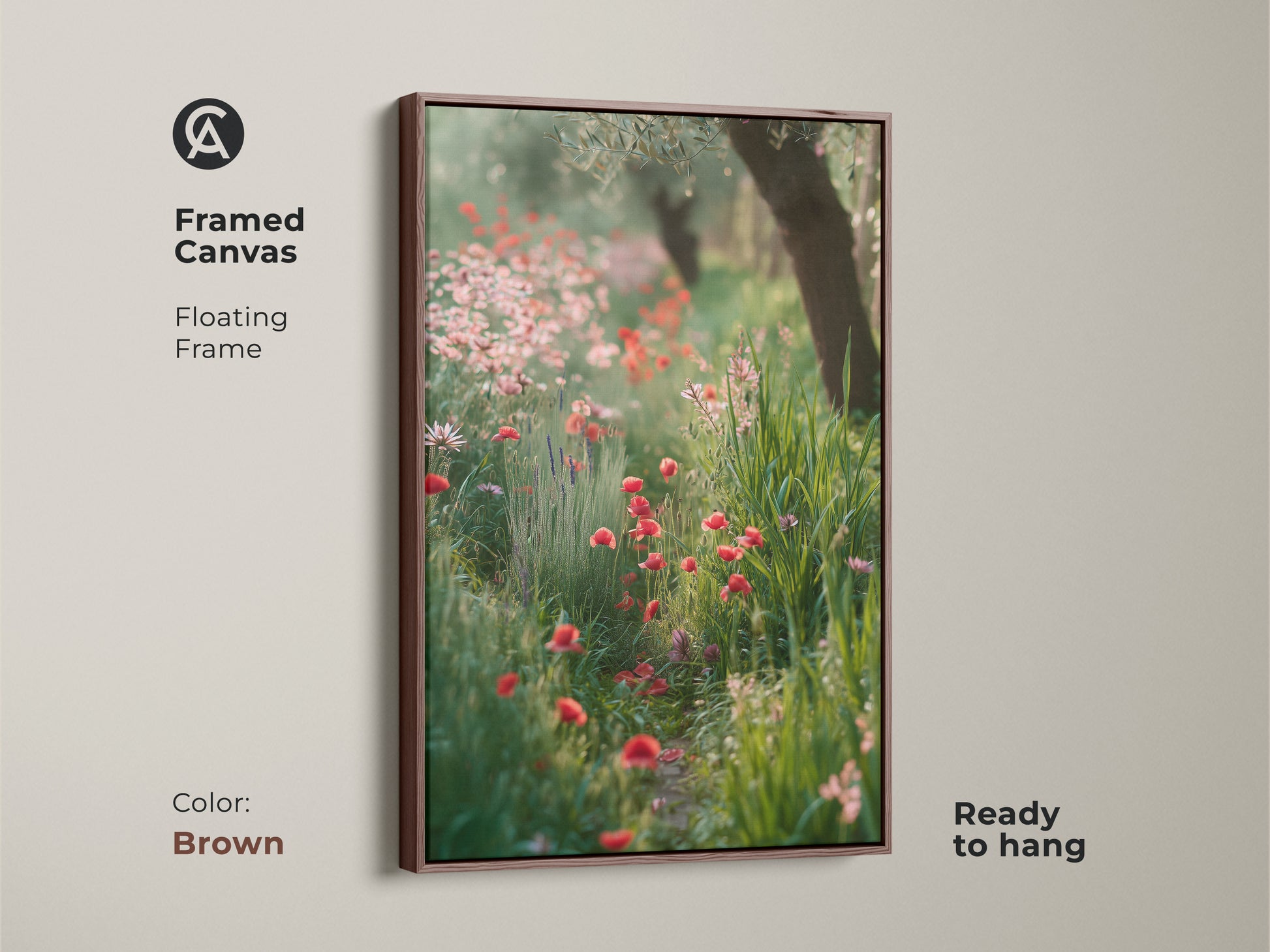 Framed canvas in brown showcases a wildflower garden. Floating frame complements the red poppy art print. This boho botanical wall art adds charm to any room. Impressionistic floral art is perfect for nature lovers. A great housewarming gift idea. Summer field canvas with green and red art.
