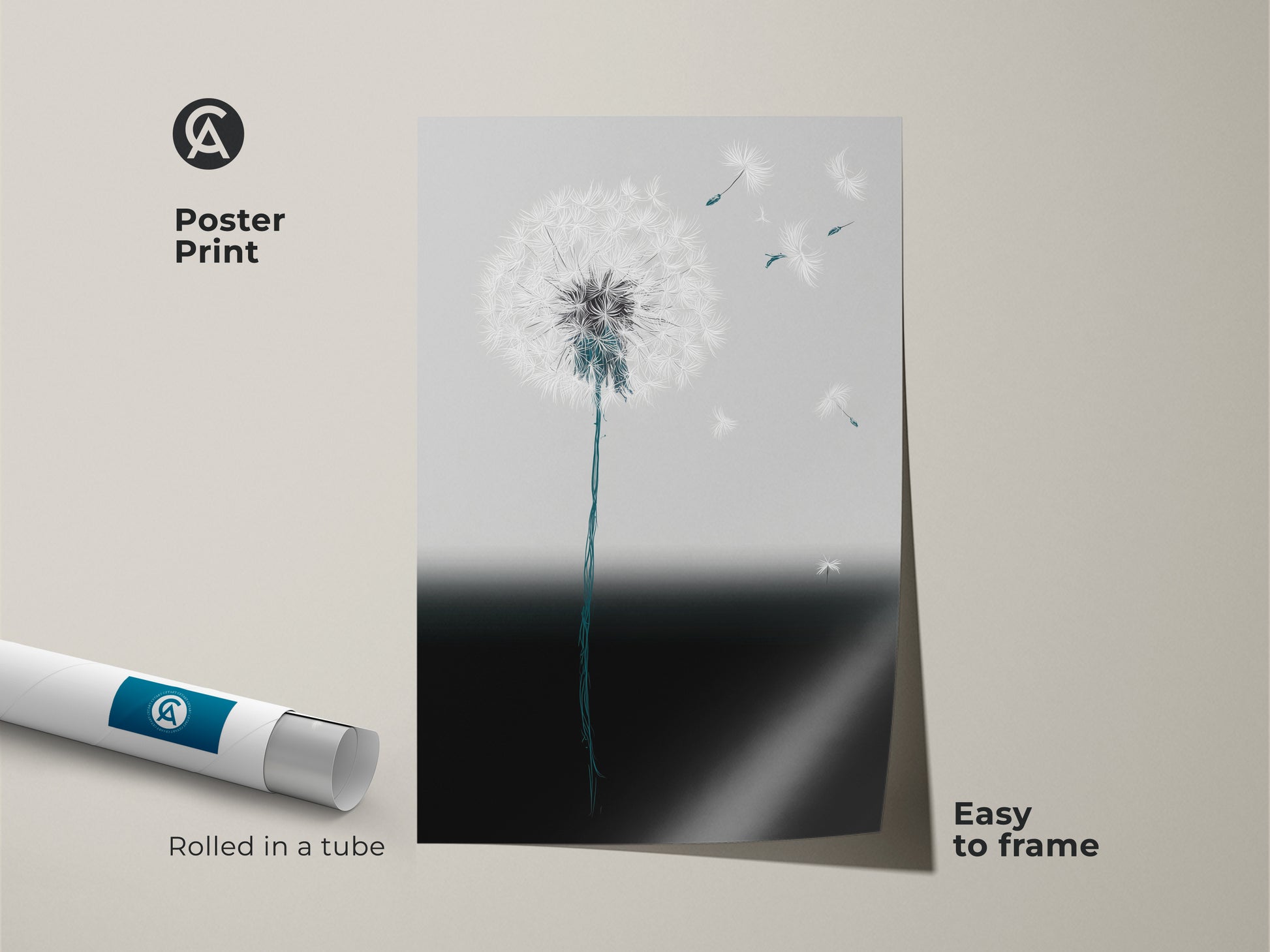 Minimalist dandelion art print. This abstract botanical wall art features teal and gray seeds. Floating on a contemporary poster print. Rolled in a tube for easy framing. This botanical nature artwork brings a calming touch. It is perfect for minimalist home decor.
