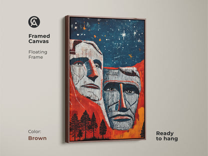 Framed canvas in brown showcasing Mount Rushmore art. American Presidents appear in a red blue orange landscape. This eclectic home decor art is ready to hang. This floating frame adds a stylish touch. Perfect expressionist artwork for office or home. Great art gift for history buffs.