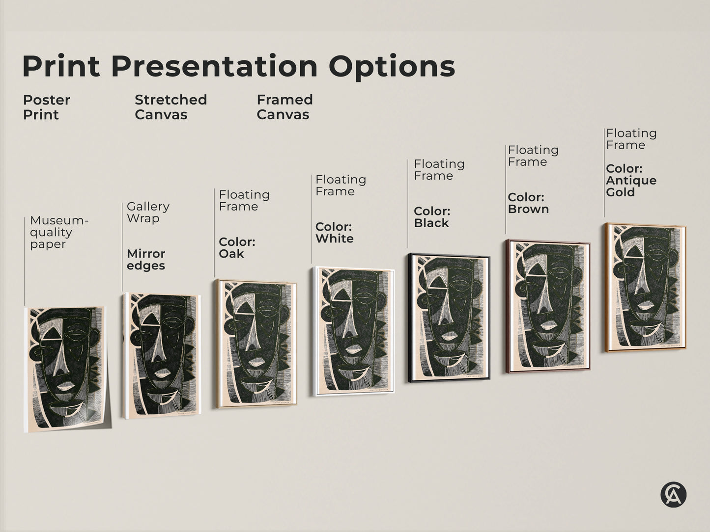 Print presentation options for geometric face canvas art. Choose from poster print stretched canvas or framed canvas. Available with gallery wrap museum-quality paper and floating frames.