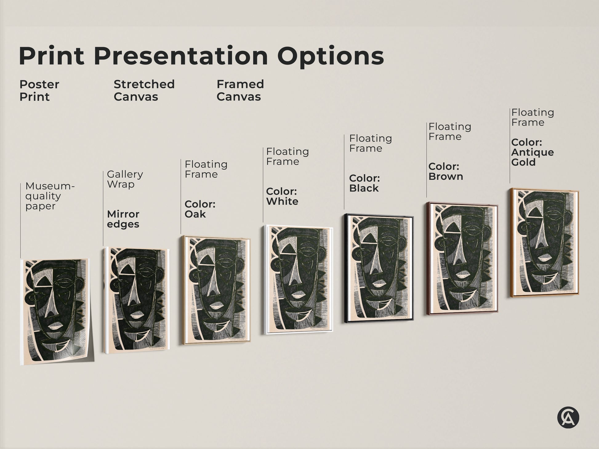 Print presentation options for geometric face canvas art. Choose from poster print stretched canvas or framed canvas. Available with gallery wrap museum-quality paper and floating frames.