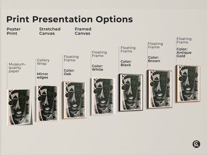 Print presentation options for geometric face canvas art. Choose from poster print stretched canvas or framed canvas. Available with gallery wrap museum-quality paper and floating frames.
