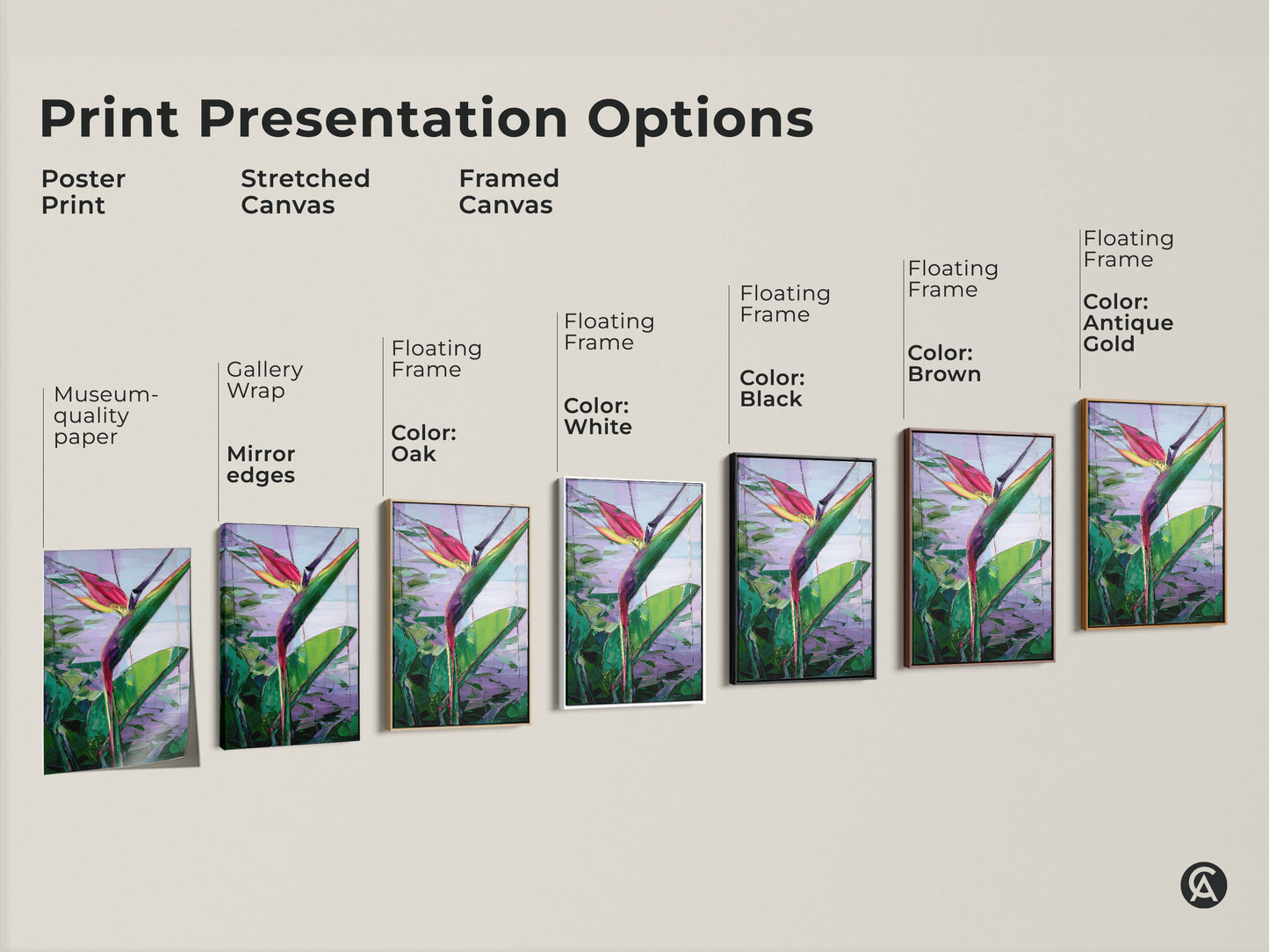 Print presentation options including poster print stretched canvas and framed canvas. Floating frame colors vary from white to antique gold. Showcasing abstract Bird of Paradise tropical botanical art prints. Find the perfect boho decor piece and vibrant housewarming gift. Options for every style.