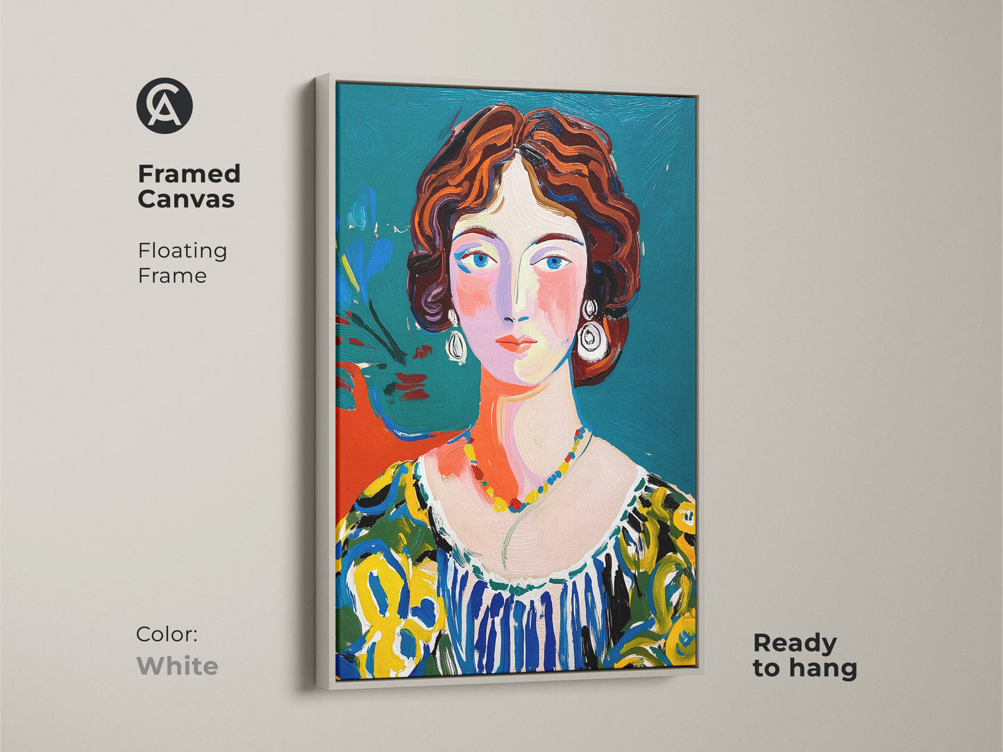 Framed canvas art featuring a woman's portrait. This floating frame artwork is in white. The vibrant painting is ready to hang. It showcases a modern art style. The woman has red hair and a colorful dress. A fresh and modern artwork.