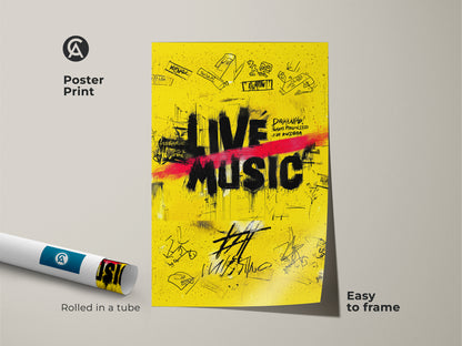 A poster print of yellow graffiti art arrives rolled in a tube. The 'Live Music' street art canvas print is easy to frame. This vibrant music print is ideal for DIY concert poster art. It's a music fan gift idea.