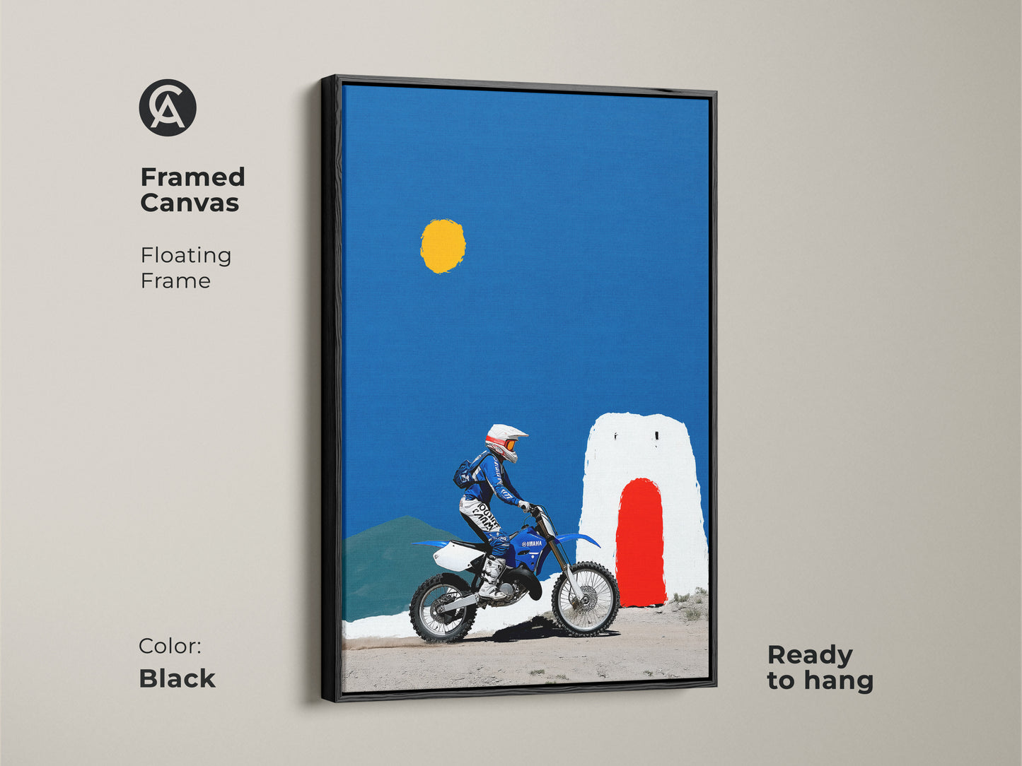 Framed canvas of Motocross Wall art. Features a floating black frame. The dirt bike canvas print shows Yamaha racing art and adventure. A minimalist adobe art piece for a man cave. Ready to hang for extreme sports fans.