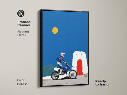 Framed canvas of Motocross Wall art. Features a floating black frame. The dirt bike canvas print shows Yamaha racing art and adventure. A minimalist adobe art piece for a man cave. Ready to hang for extreme sports fans.