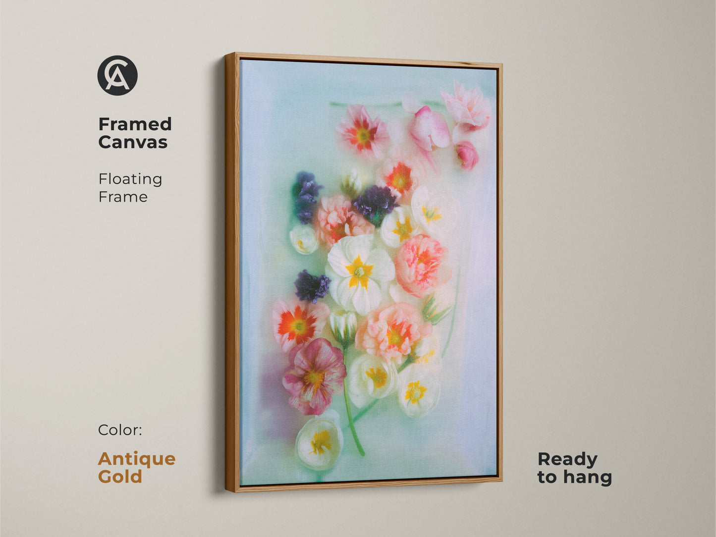 Antique gold framed canvas with soft pink primrose art. This floral art is perfect for living room decor. Ready to hang and adds a touch of elegance. Consider this for home decor.