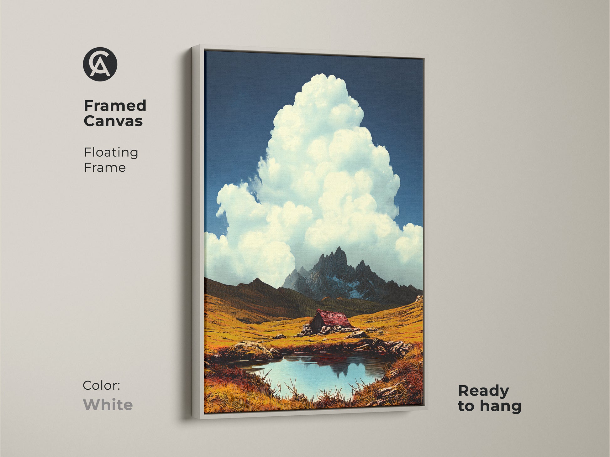 Framed canvas showcasing a mountain cabin by an alpine lake. The artwork features a deep blue sky white clouds. Rustic golden field. White floating frame. Ready to hang. Scenic wall art brings nature indoors. Perfect housewarming gift. Enhances any room's aesthetic.