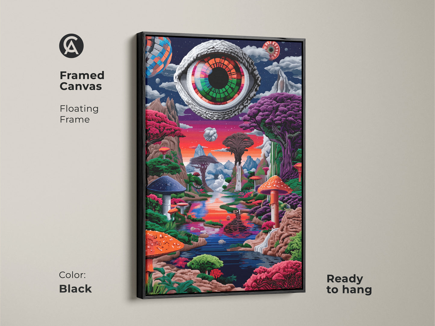 Framed canvas art print of Eye See You with a black floating frame. This surreal artwork features a giant eye overlooking a mushroom landscape. Ready to hang this framed canvas adds a modern touch to your wall decor. A psychedelic art piece.