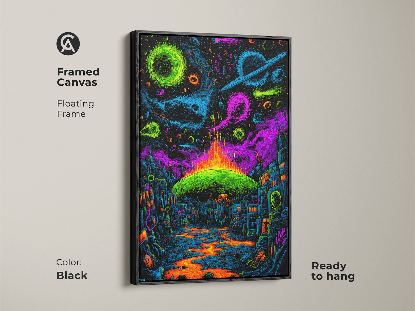 Elevate your decor with this framed canvas artwork in black. It features a neon city beneath cosmic planets. A lava river adds to the surreal scene. Ready to hang this floating frame art will transform any room. Shop now for unique wall art.